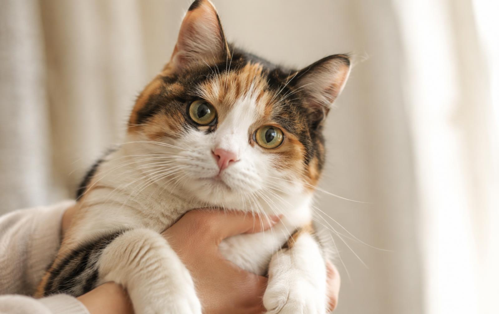 Gata tricolor acolhida nos braços, olhando para a câmera